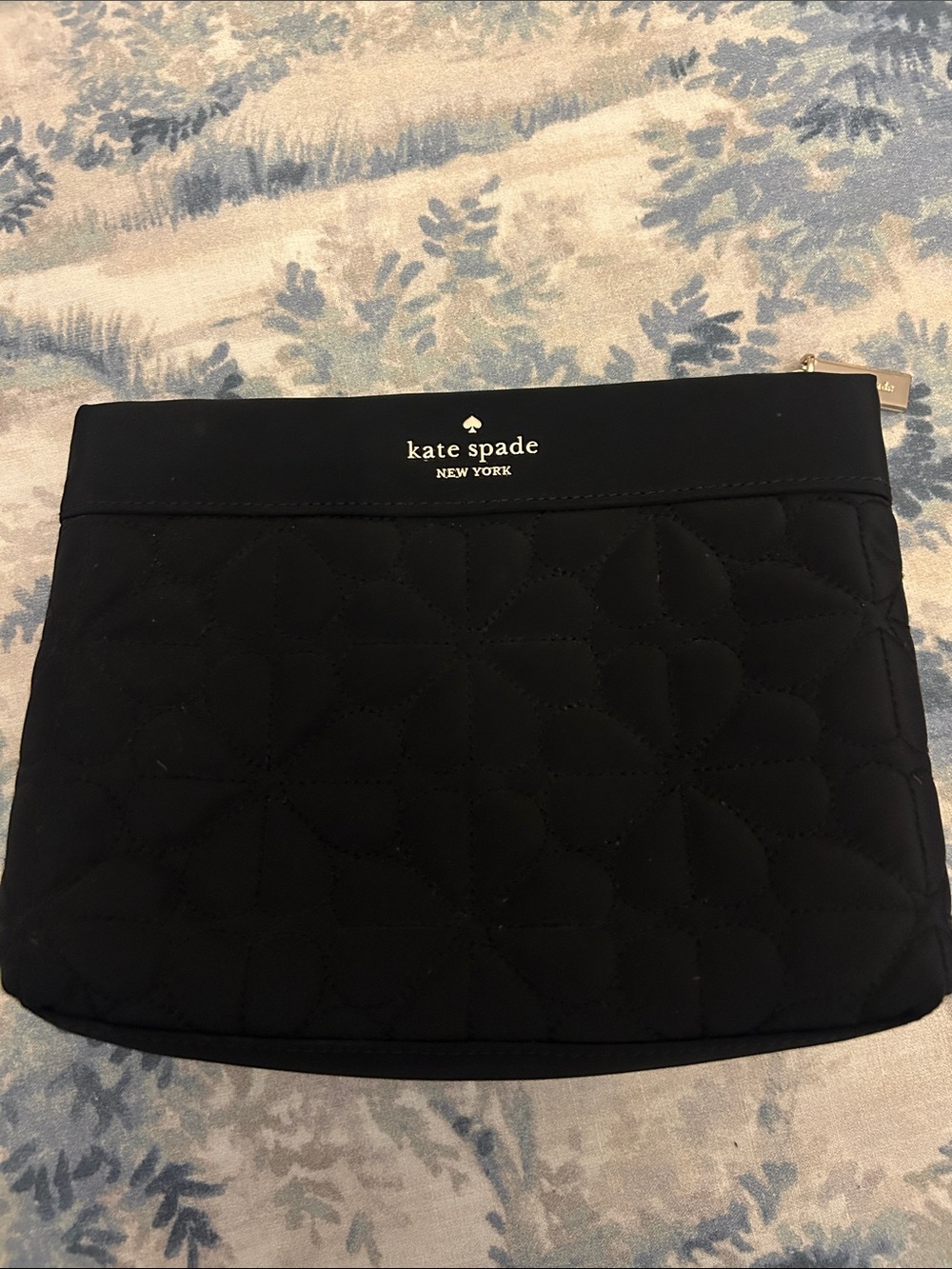 kate spade Black Quilted Floral Cosmetic Pouch with Gold Accent